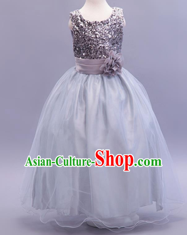 Children Modern Dance Grey Sequins Dress Stage Performance Catwalks Compere Costume for Kids