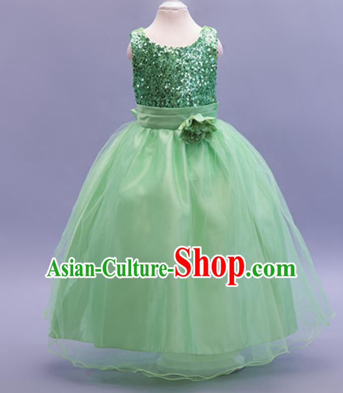 Children Modern Dance Green Sequins Dress Stage Performance Catwalks Compere Costume for Kids