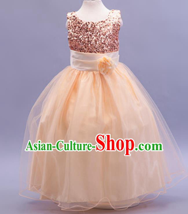 Children Modern Dance Champagne Sequins Dress Stage Performance Catwalks Compere Costume for Kids