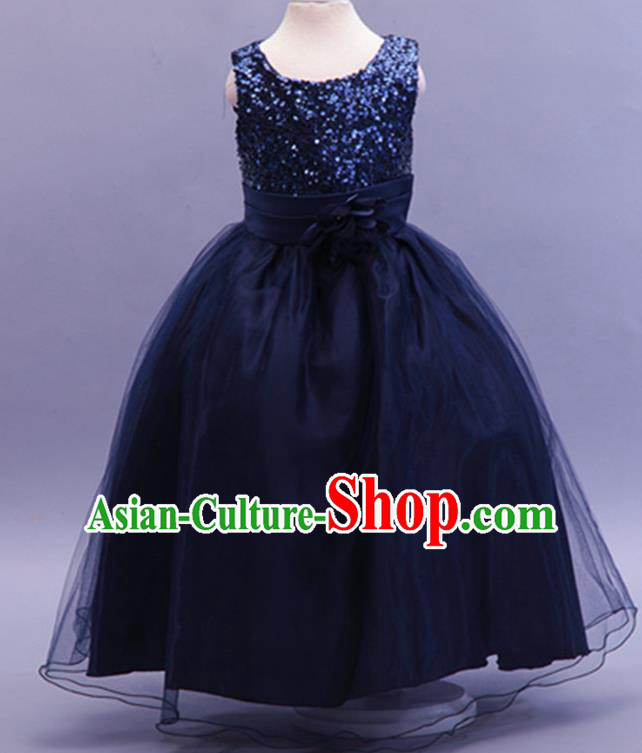 Children Modern Dance Navy Sequins Dress Stage Performance Catwalks Compere Costume for Kids