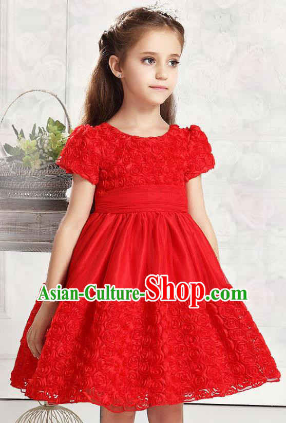 Children Modern Dance Red Rose Dress Stage Performance Catwalks Compere Costume for Kids