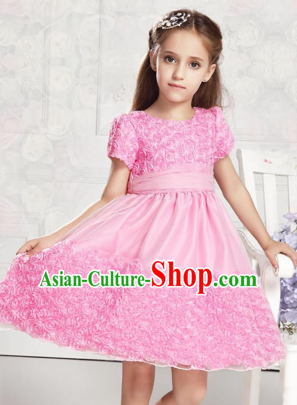 Children Modern Dance Pink Rose Dress Stage Performance Catwalks Compere Costume for Kids