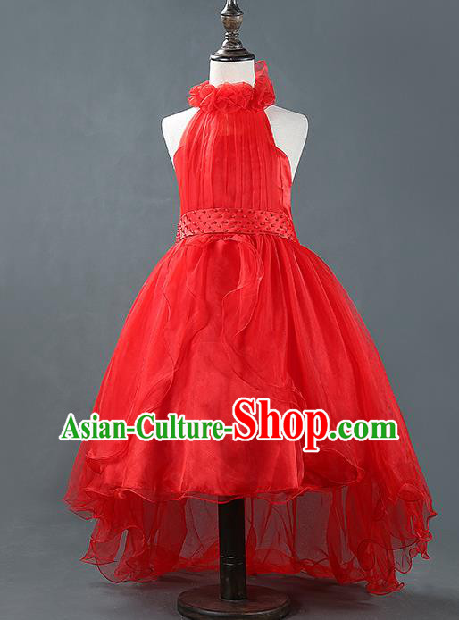Children Modern Dance Princess Red Mullet Dress Stage Performance Catwalks Compere Costume for Kids