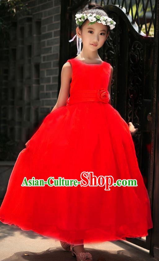 Children Modern Dance Princess Red Dress Stage Performance Catwalks Compere Costume for Kids