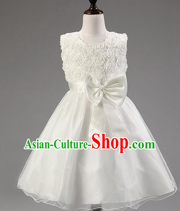 Children Modern Dance Princess White Rose Dress Stage Performance Catwalks Compere Costume for Kids