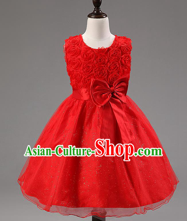 Children Modern Dance Princess Red Rose Dress Stage Performance Catwalks Compere Costume for Kids