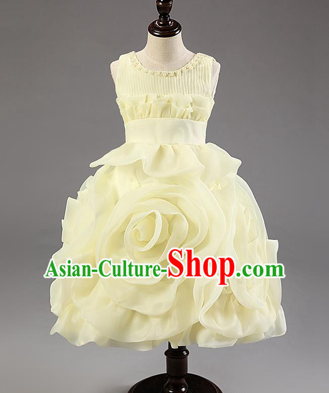 Children Modern Dance Princess Dress Stage Performance Catwalks Compere Yellow Rose Costume for Kids