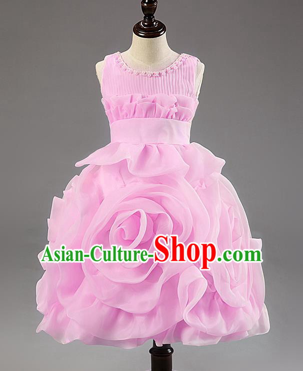 Children Modern Dance Princess Dress Stage Performance Catwalks Compere Pink Rose Costume for Kids