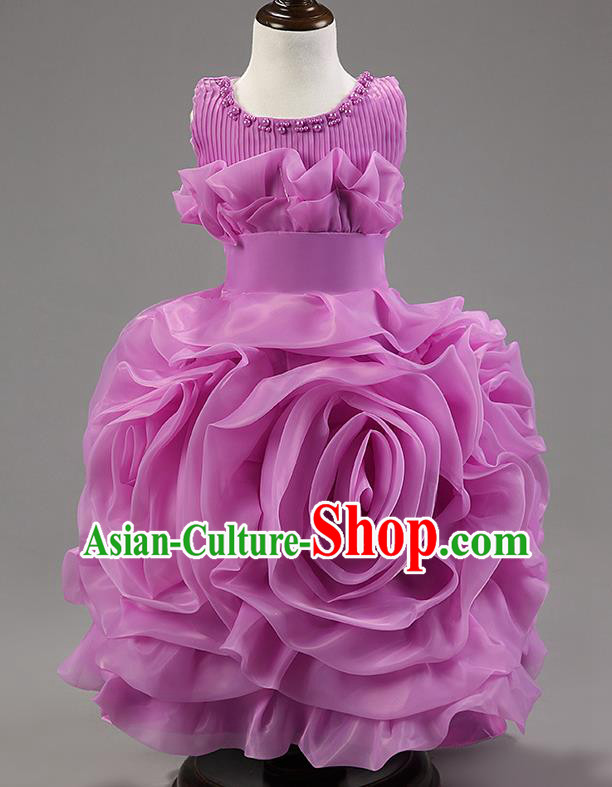 Children Modern Dance Princess Dress Stage Performance Catwalks Compere Purple Rose Costume for Kids