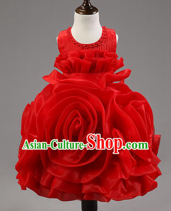 Children Modern Dance Princess Dress Stage Performance Catwalks Compere Red Rose Costume for Kids