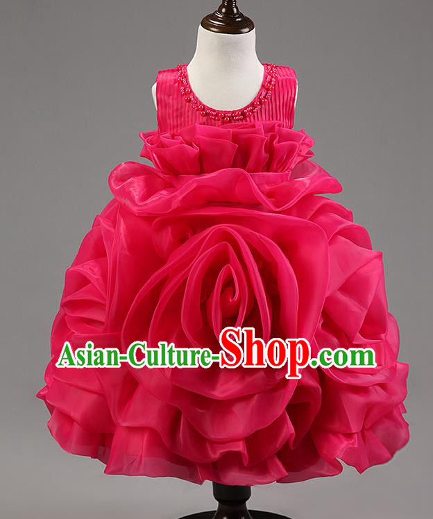 Children Modern Dance Princess Dress Stage Performance Catwalks Compere Rosy Rose Costume for Kids