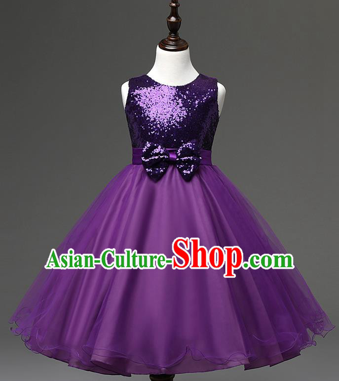 Children Modern Dance Compere Purple Full Dress Stage Performance Catwalks Costume for Kids