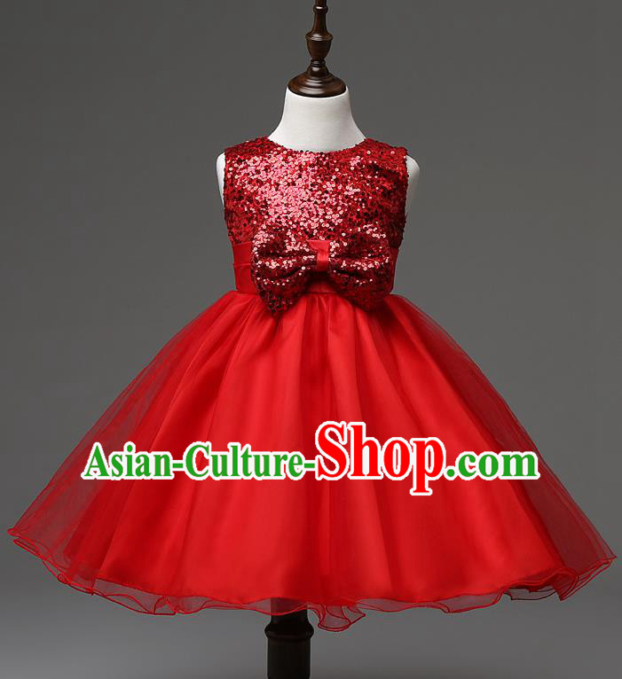 Children Modern Dance Compere Red Full Dress Stage Performance Catwalks Costume for Kids