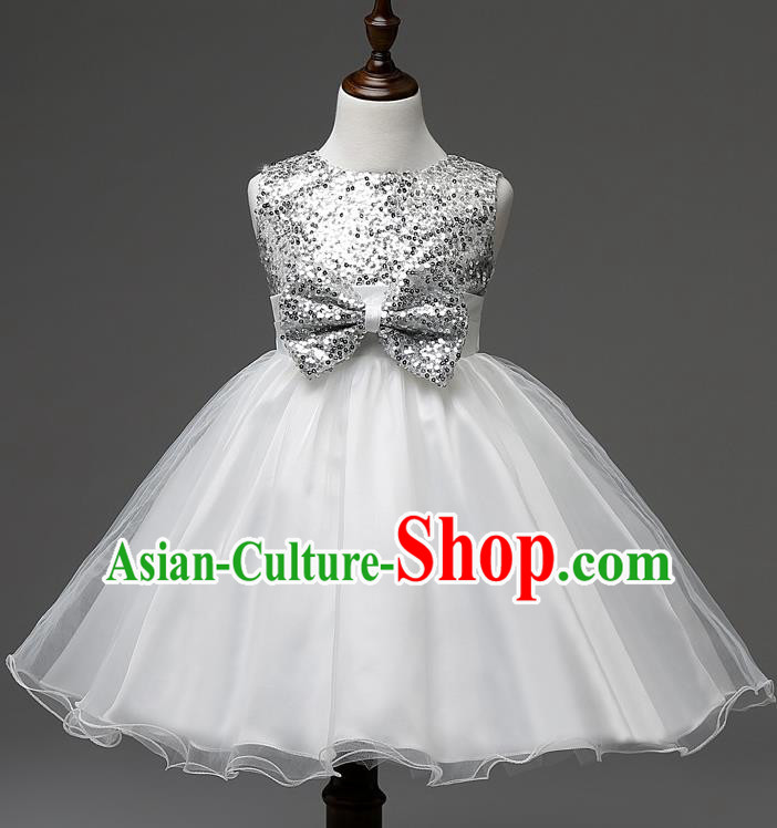 Children Modern Dance Compere White Full Dress Stage Performance Catwalks Costume for Kids