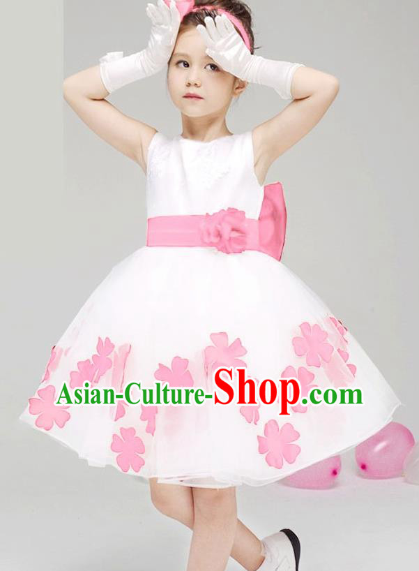 Children Modern Dance Compere Pink Flowers Full Dress Stage Performance Catwalks Costume for Kids