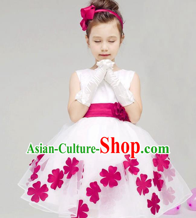 Children Modern Dance Compere Rosy Flowers Full Dress Stage Performance Catwalks Costume for Kids