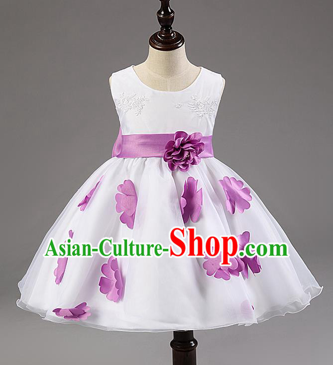 Children Modern Dance Compere Purple Flowers Full Dress Stage Performance Catwalks Costume for Kids