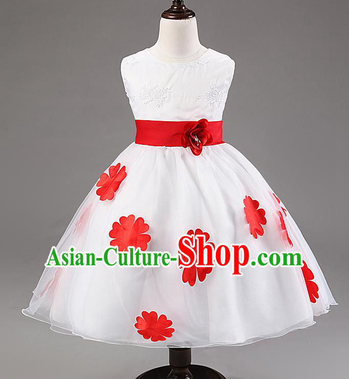 Children Modern Dance Compere Red Flowers Full Dress Stage Performance Catwalks Costume for Kids