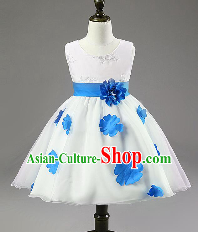 Children Modern Dance Compere Blue Flowers Full Dress Stage Performance Catwalks Costume for Kids