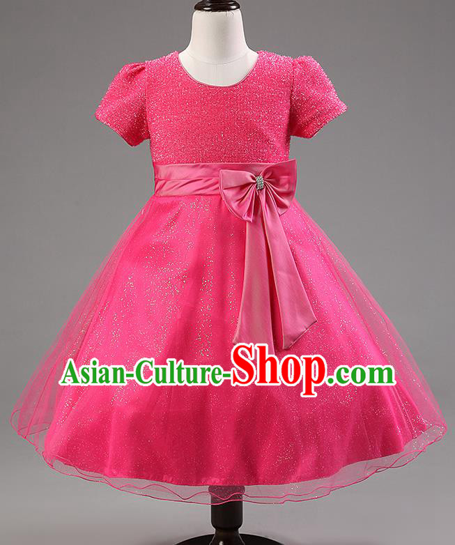 Children Modern Dance Rosy Bowknot Bubble Dress Stage Performance Compere Catwalks Costume for Kids