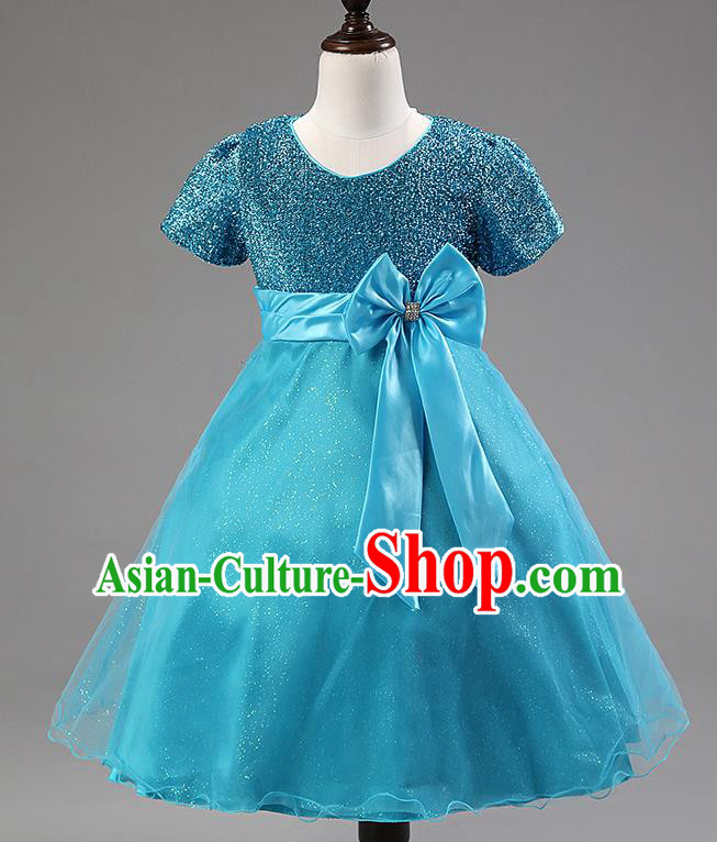 Children Modern Dance Blue Bowknot Bubble Dress Stage Performance Compere Catwalks Costume for Kids