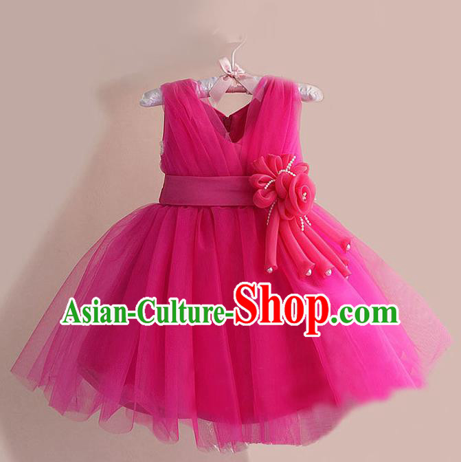 Children Modern Dance Rosy Flower Bubble Dress Stage Performance Compere Catwalks Costume for Kids