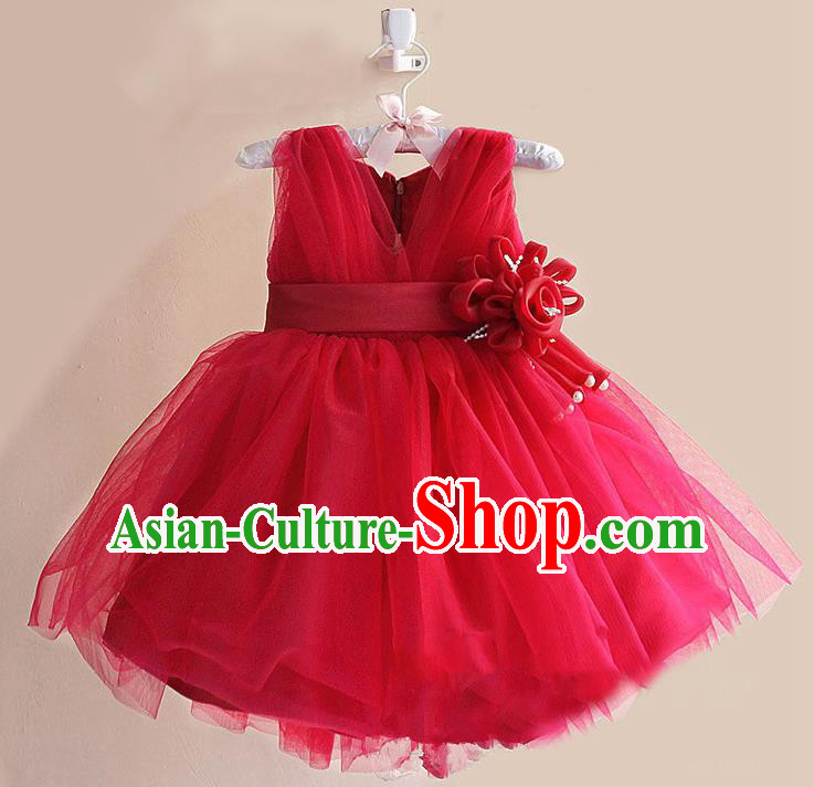 Children Modern Dance Red Flower Bubble Dress Stage Performance Compere Catwalks Costume for Kids