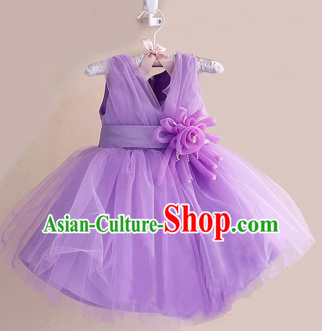 Children Modern Dance Purple Flower Bubble Dress Stage Performance Compere Catwalks Costume for Kids