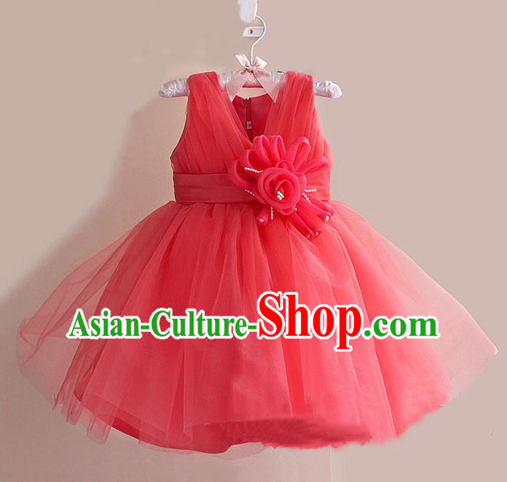 Children Modern Dance Watermelon Red Flower Bubble Dress Stage Performance Compere Catwalks Costume for Kids