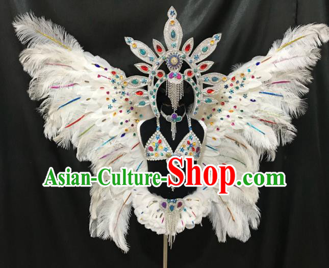 Children Catwalks Costume Brazilian Carnival Samba Dance White Feather Swimsuit and Butterfly Wings Headwear for Kids