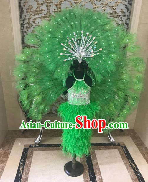 Children Catwalks Costume Brazilian Carnival Samba Dance Green Feather Swimsuit and Wings Headwear for Kids