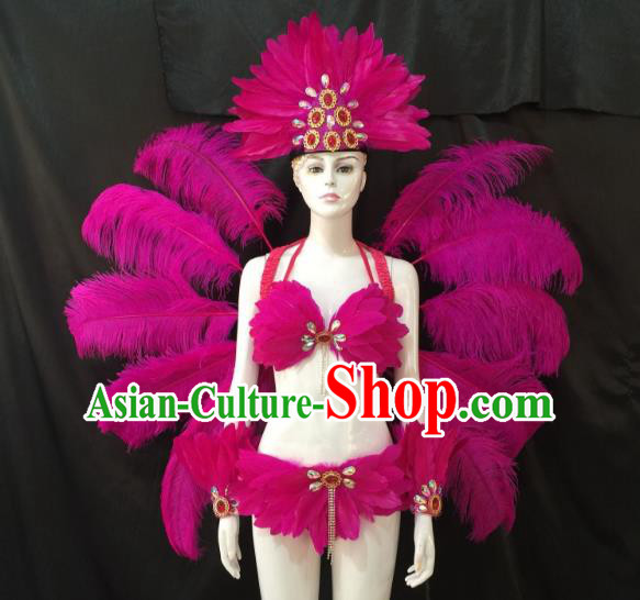 Top Grade Brazilian Carnival Samba Dance Costume Miami Catwalks Rosy Feather Swimsuit and Angel Wings for Women