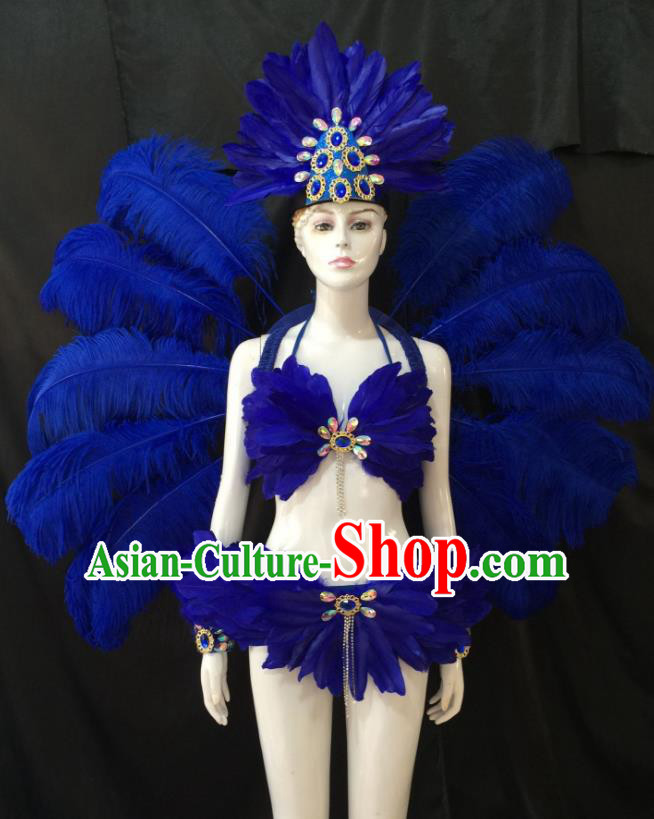 Top Grade Brazilian Carnival Samba Dance Costume Miami Catwalks Royalblue Feather Swimsuit and Angel Wings for Women