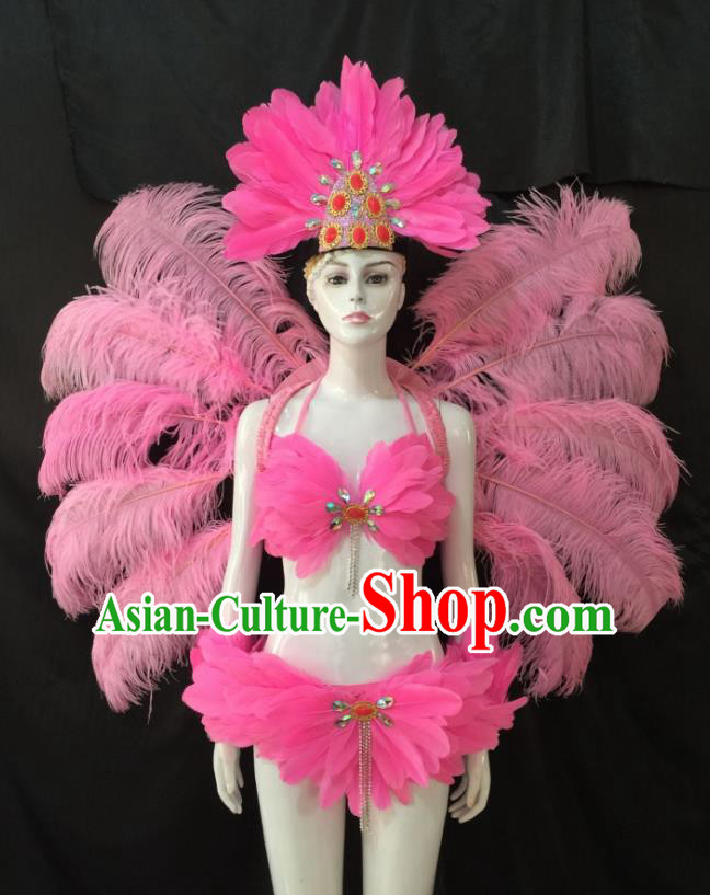 Top Grade Brazilian Carnival Samba Dance Costume Miami Catwalks Pink Feather Swimsuit and Angel Wings for Women