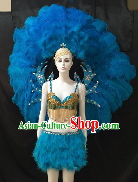 Top Grade Brazilian Carnival Samba Dance Costumes Halloween Miami Catwalks Blue Feather Swimsuit and Wings for Women