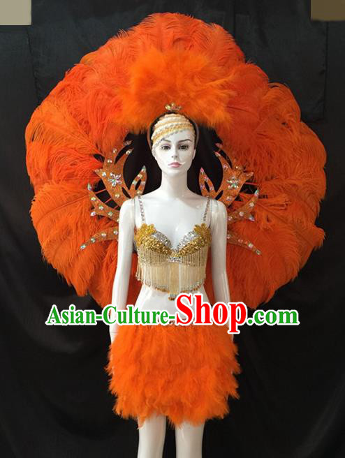 Top Grade Brazilian Carnival Samba Dance Costumes Halloween Miami Catwalks Orange Feather Swimsuit and Wings for Women