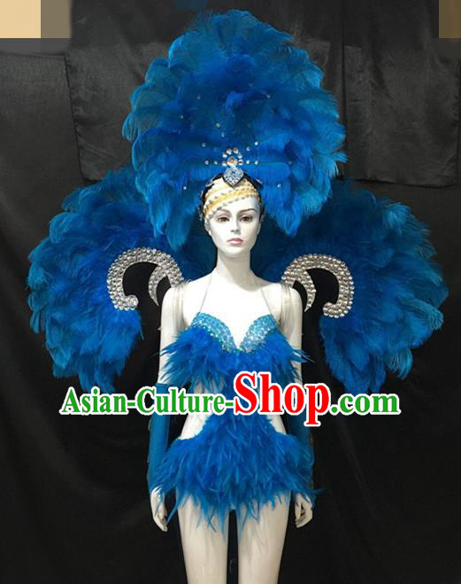 Top Grade Brazilian Carnival Samba Dance Costumes Halloween Miami Catwalks Blue Feather Swimsuit Headwear and Wings for Women