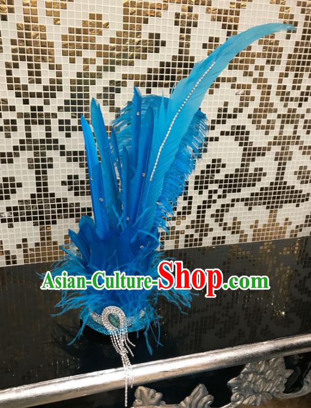 Brazilian Carnival Samba Dance Hair Accessories Miami Blue Feathers Deluxe Headdress for Kids