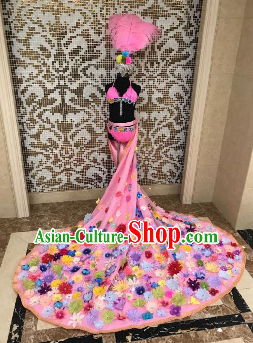 Children Catwalks Costume Modern Dance Swimsuit Pink Trailing Full Dress and Feather Hair Accessories for Kids