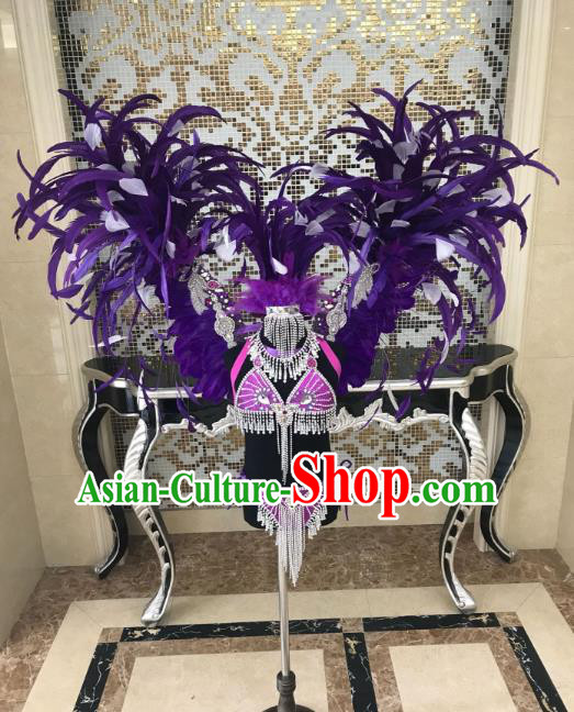 Children Catwalks Costume Modern Dance Swimsuit and Purple Feather Angel Wings for Kids