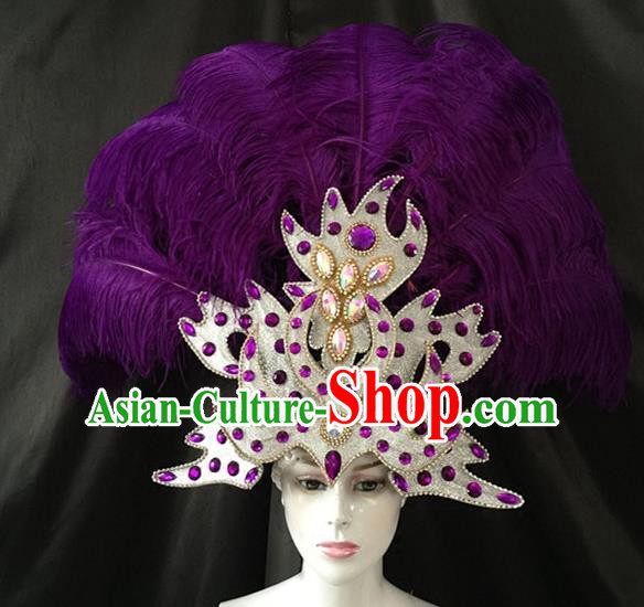 Brazilian Carnival Samba Dance Hair Accessories Dionysia Catwalks Purple Feather Headdress for Women