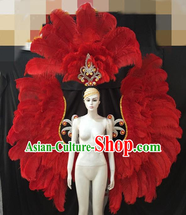 Top Grade Catwalks Props Brazilian Carnival Samba Dance Red Feather Wings and Headdress for Adults