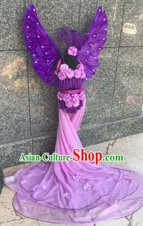 Top Grade Brazilian Carnival Costumes Halloween Catwalks Purple Feather Swimsuit and Hair Accessories for Kids