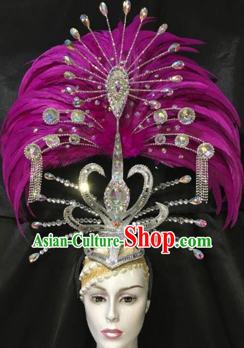 Brazilian Carnival Samba Dance Deluxe Hair Accessories Dionysia Miami Catwalks Purple Feather Headdress for Women