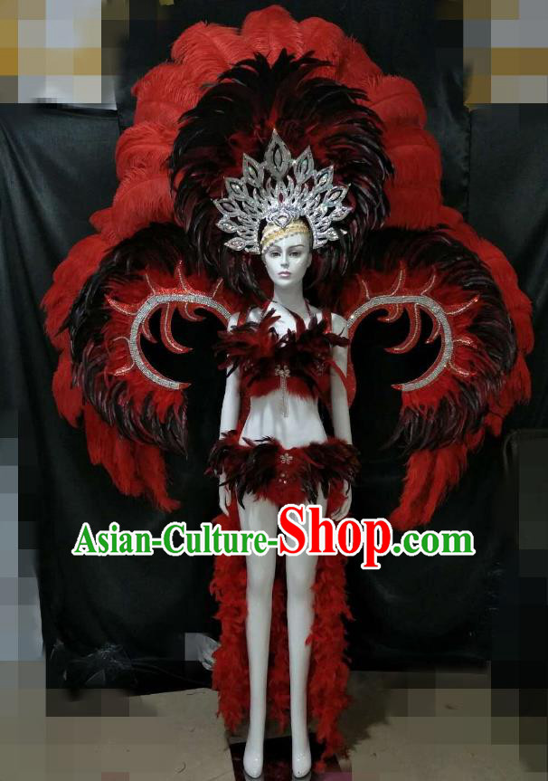 Red Feather Brazilian Rio Carnival Costumes Halloween Catwalks Swimsuit and Deluxe Feather Wings Headwear for Women