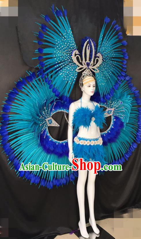 Blue Feather Brazilian Rio Carnival Costumes Halloween Catwalks Swimsuit and Deluxe Feather Wings Headwear for Women