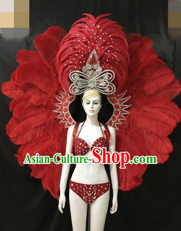 Brazilian Rio Carnival Red Feather Costumes Halloween Catwalks Swimsuit and Deluxe Feather Wings Headwear for Women