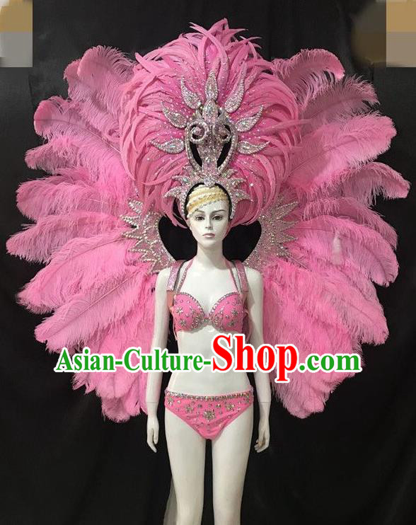 Brazilian Rio Carnival Pink Feather Costumes Halloween Catwalks Swimsuit and Deluxe Feather Wings Headwear for Women