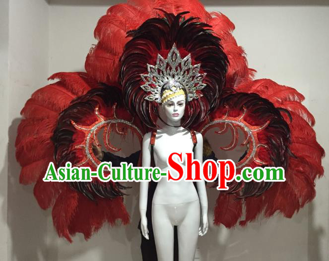 Top Grade Brazilian Catwalks Samba Dance Props Rio Carnival Red Feather Angel Wings and Headwear for Women