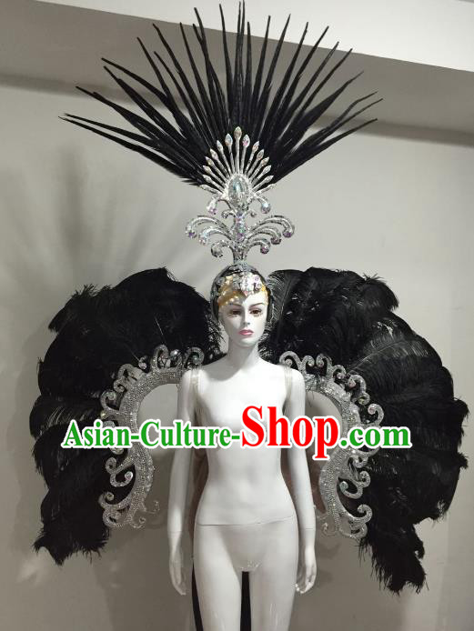 Top Grade Brazilian Catwalks Samba Dance Props Rio Carnival Black Feather Angel Wings and Headwear for Women